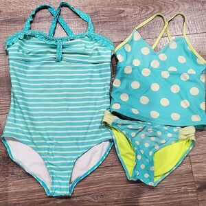 Girl Swim Suit Size 10-12 Aqua Striped and Polka Dot Swimsuit Set 2 Pieces